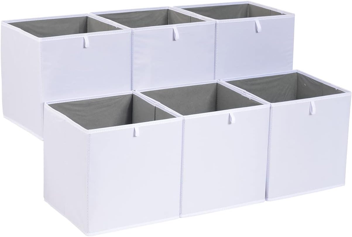 Amazon Basics Cube Organizer Bins, Collapsible Storage Baskets for Shelves, White, Pack of 6
