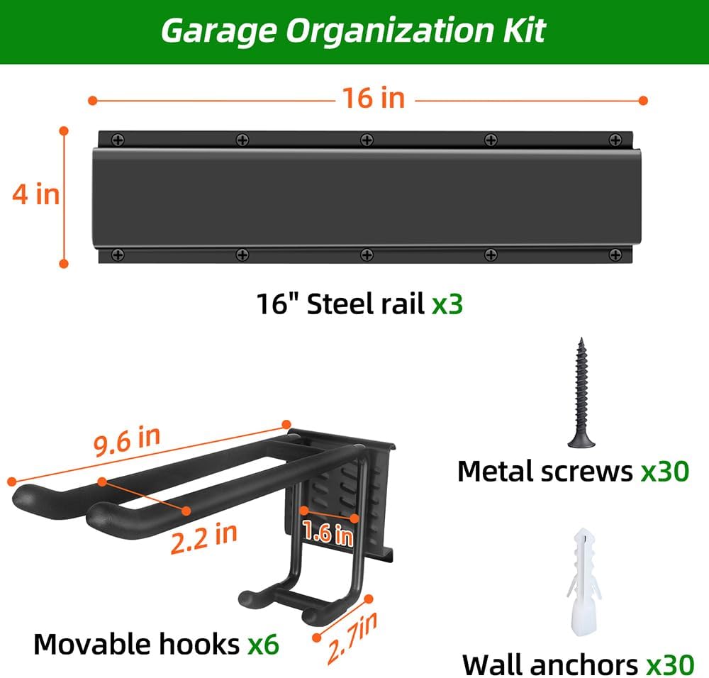 Garage Tool Organizer Wall Mount with 48 inches Rails and 6 Double-layer Hooks, Garden Tool Rack