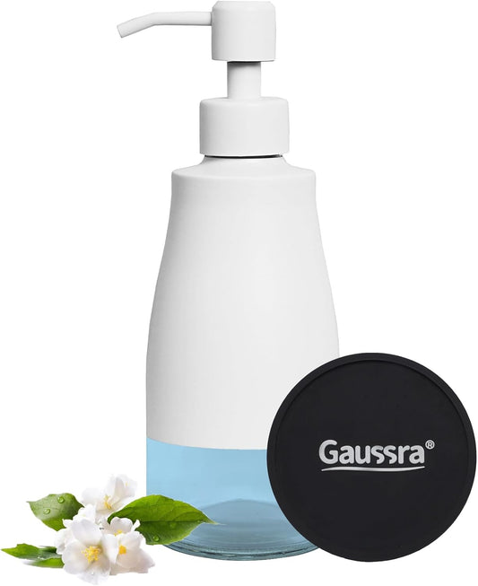 Gaussra White Soap Dispenser with Coaster and Stickers, Stainless Steel and Glass Bottle Hand Pump