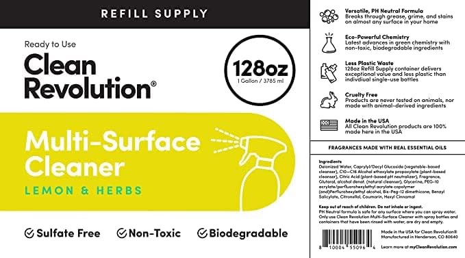 Clean Revolution Multi-Surface Cleaner Refill Supply | Non-Toxic, Eco-Friendly & Plant-Based |