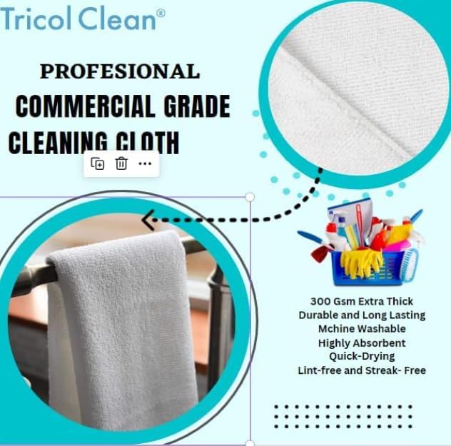 Tricol Clean Professional Extra-Thick Microfiber Cleaning Cloth 12 Pack White (16IN x 16IN, 300GSM