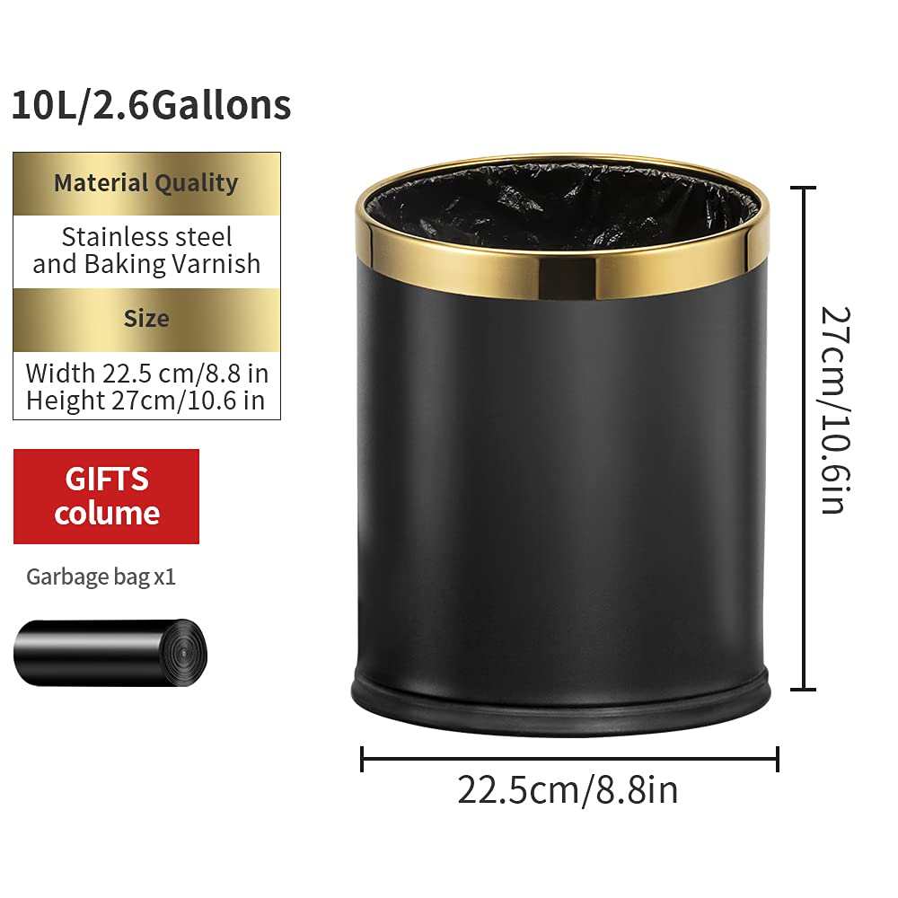 10L/2.6GAL Black and Gold Open Top Trash Can - Metal Trash Bin Without Lid for Office, Hotel