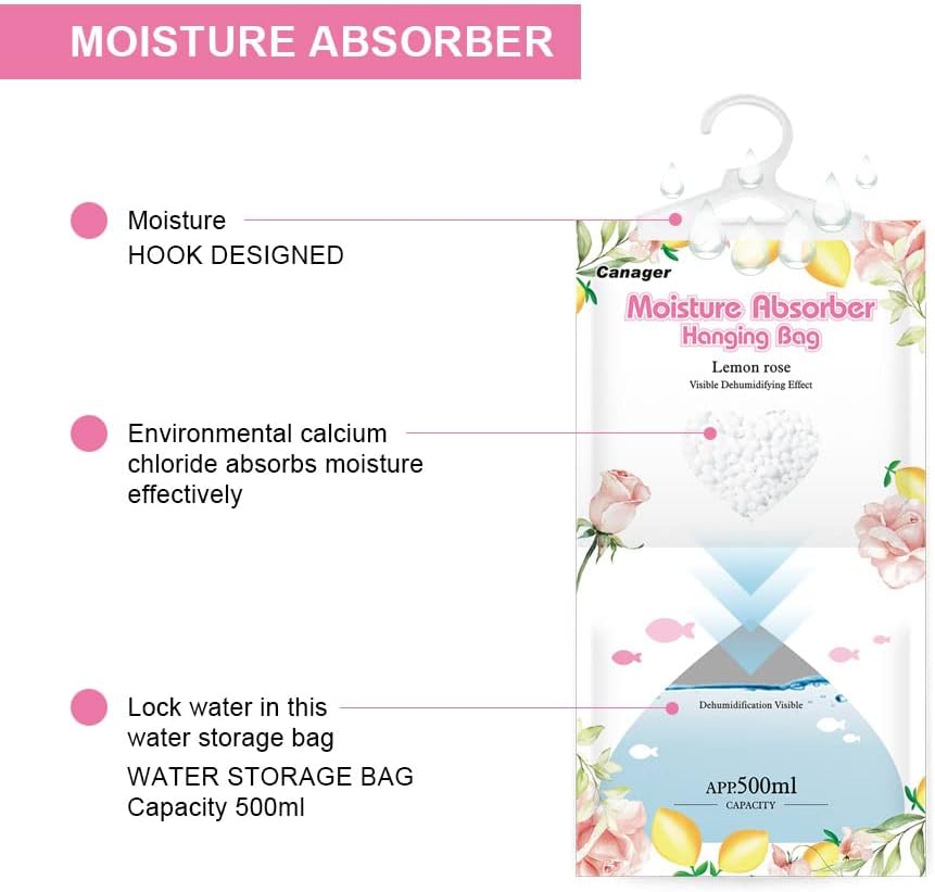 CANAGER Hanging Moisture Absorber, Lemon Rose Moistureproof Hanging Bag，Dehumidifier Bag (8 packs)