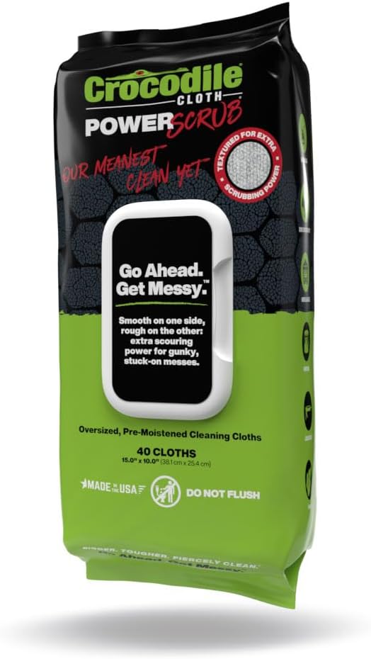 Crocodile Cloth PowerSCRUB - 40 (15" x 10") Heavy Duty Cleaning Wipes - Dual-Surface Cloths, Moist
