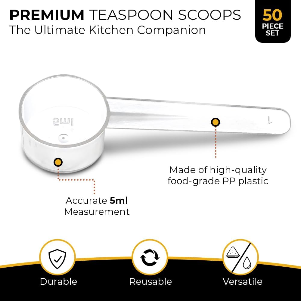 50 Measuring Spoons Set with Short Handle - 1 Teaspoon (5 ML) Clear Plastic Scoops for Creatine