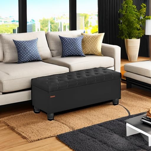 SONGMICS Storage Ottoman, Storage Bench, Tufted Entryway Bedroom Bench, 17.7 x 46.5 x 17.7 Inches