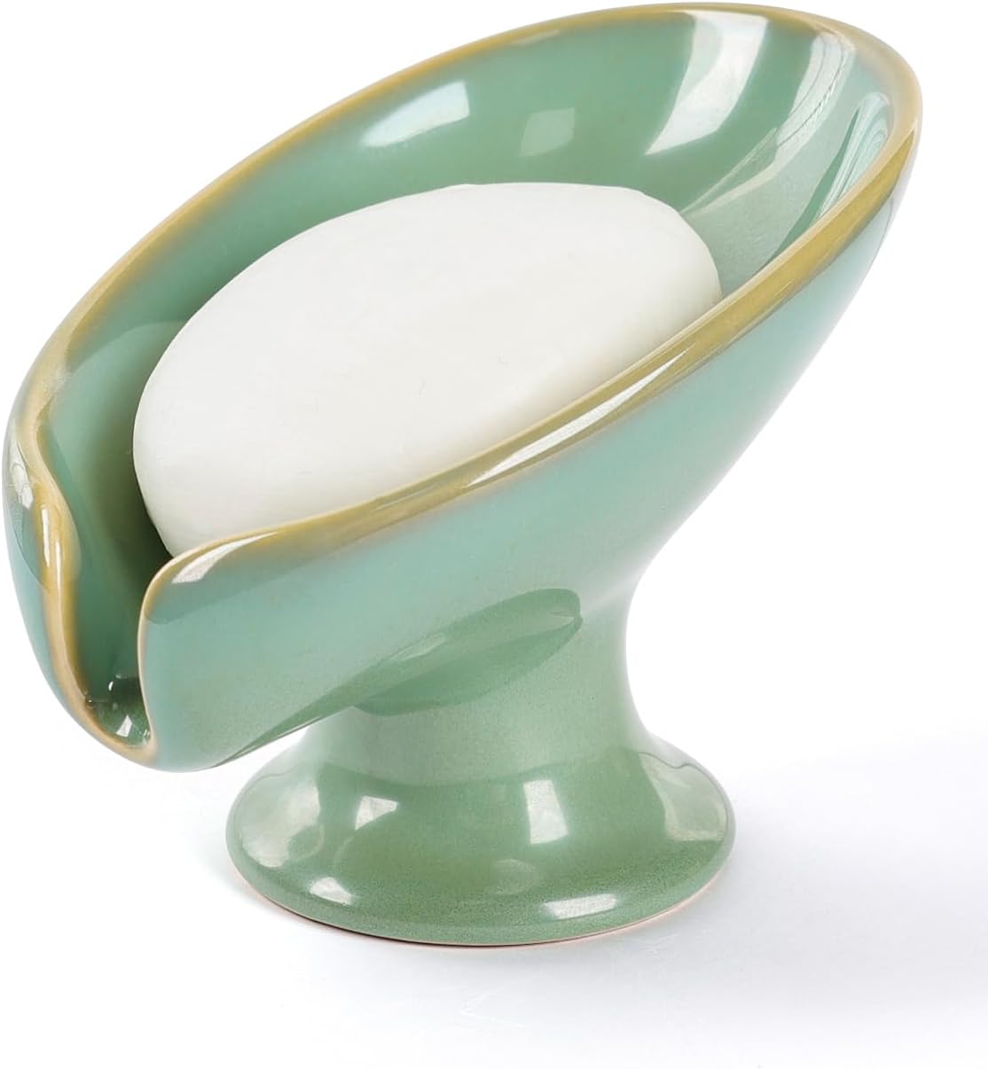 Soap Dish, Self Draining Bar Soap Holder for Bathroom Sink, Leaf Shaped Drainage Ceramic Mint Green