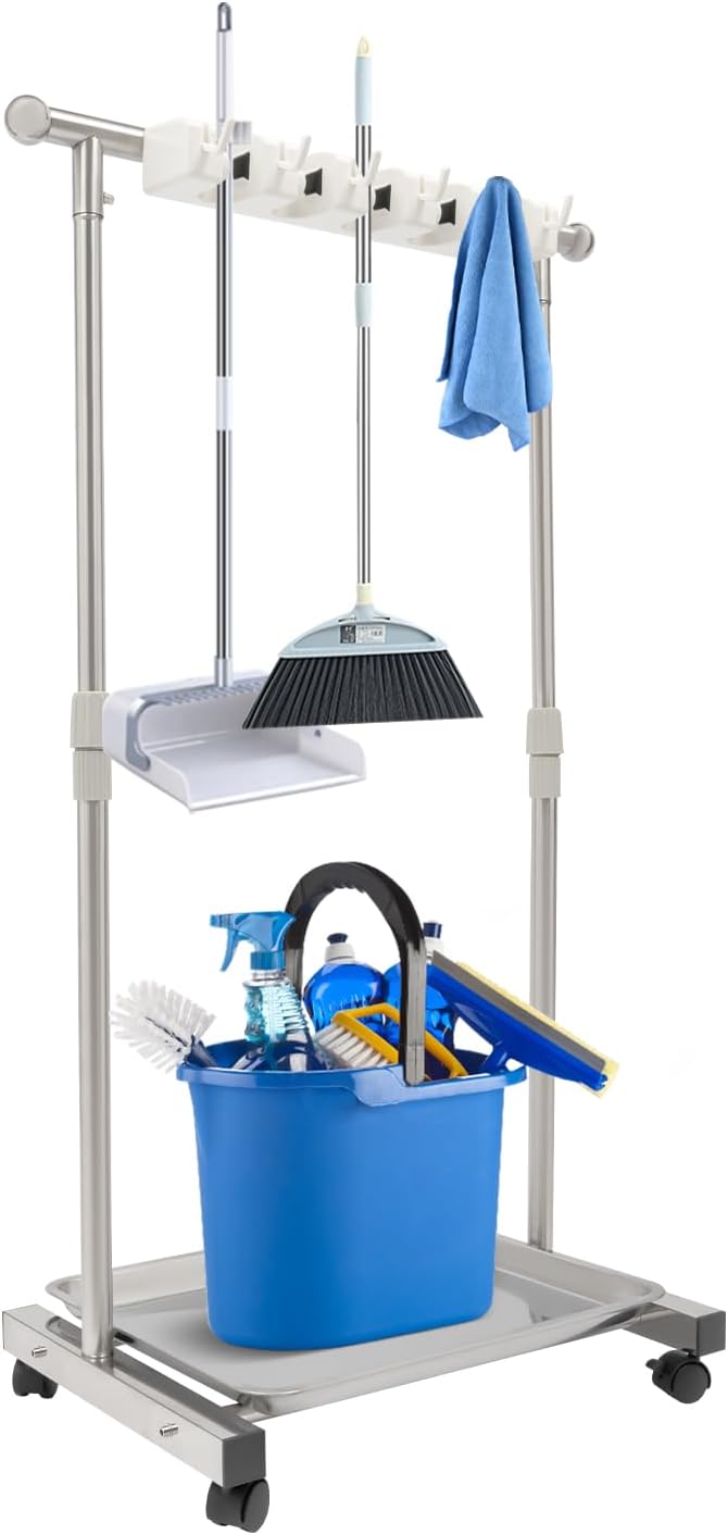 Broom Mop Holder, Movable Put Wet Mops Broom Floor Standing Cleaning Tool Rack 6 Hook and 5 Slots