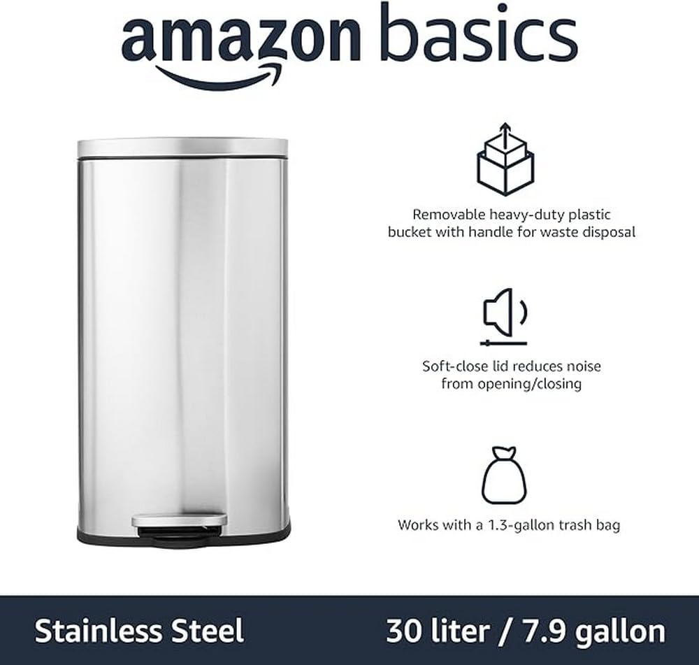 Amazon Basics Smudge Resistant Rectangular Trash Can With Soft-Close Foot Pedal, Brushed Stainless