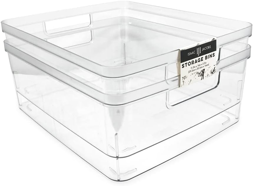 Isaac Jacobs 2-Pack Large Clear Storage Bins (11.5” L x 14” W x 5.5” H) w/Cutout Handles, Plastic