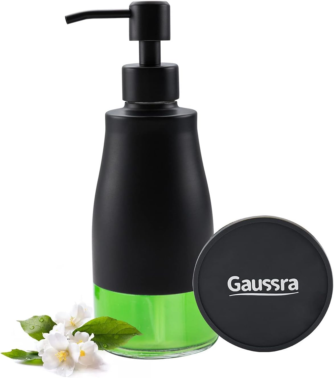Gaussra Black Soap Dispenser with Coasterand Stickers, Refillable Liquid Stainless Steel Soap