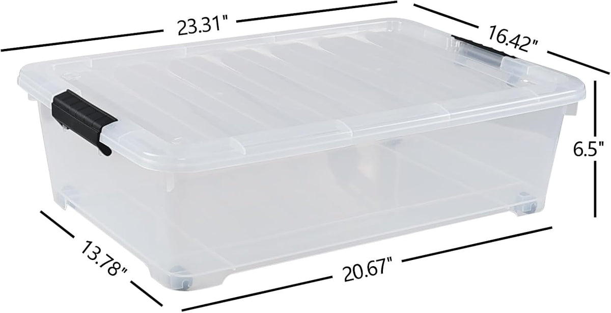 4-Pack 25 Quart Under Bed Plastic Storage Bins, Clear Under Bed Storage Box Container with Wheels
