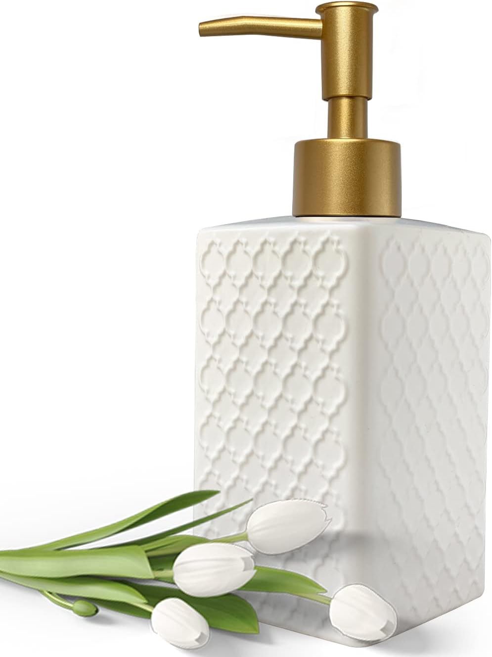 Gold Soap Dispenser for Bathroom,Retro White Square Lotion Dispenser, Refillable Countertop Ceramic