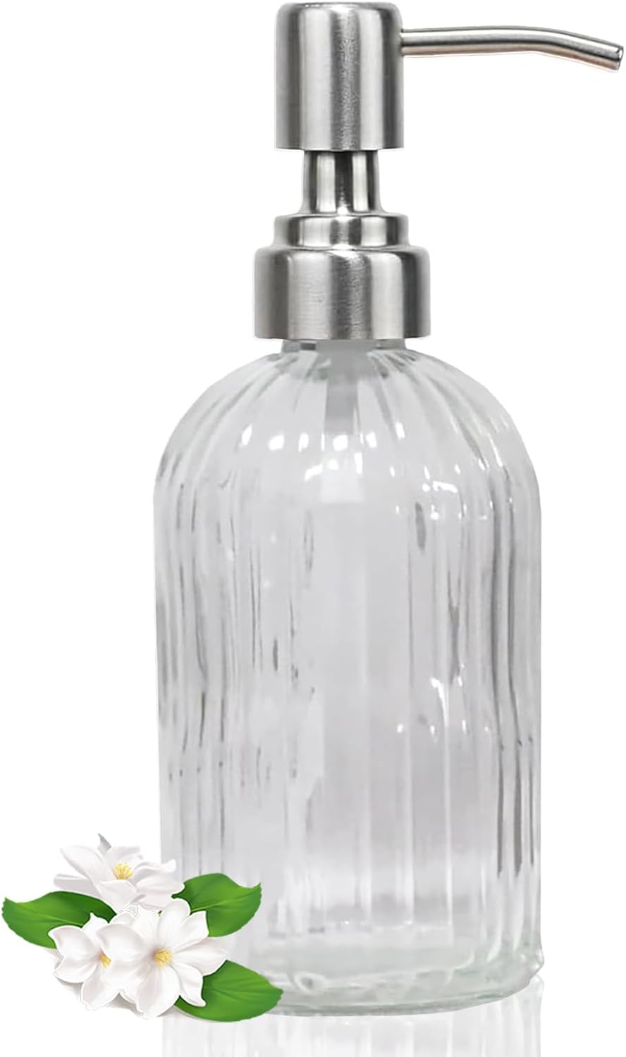 14Oz Clear Soap Dispenser Bathroom, Glass Hand Soap Dispensers with Stainless Steel Pump