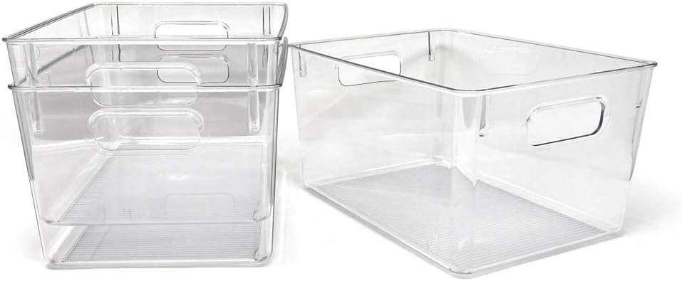 Isaac Jacobs 3-Pack Large Clear Storage Bins with Handles, Plastic Organizer for Home, Room