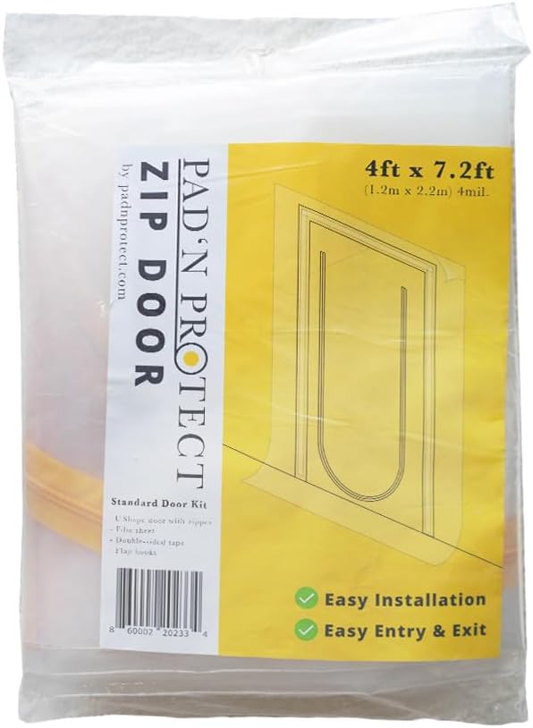 PAD 'N PROTECT Zipper Door Dust Barrier with U-Shape Zipper Door, 4' x 7.2', 4mil, Heavy Duty Dust