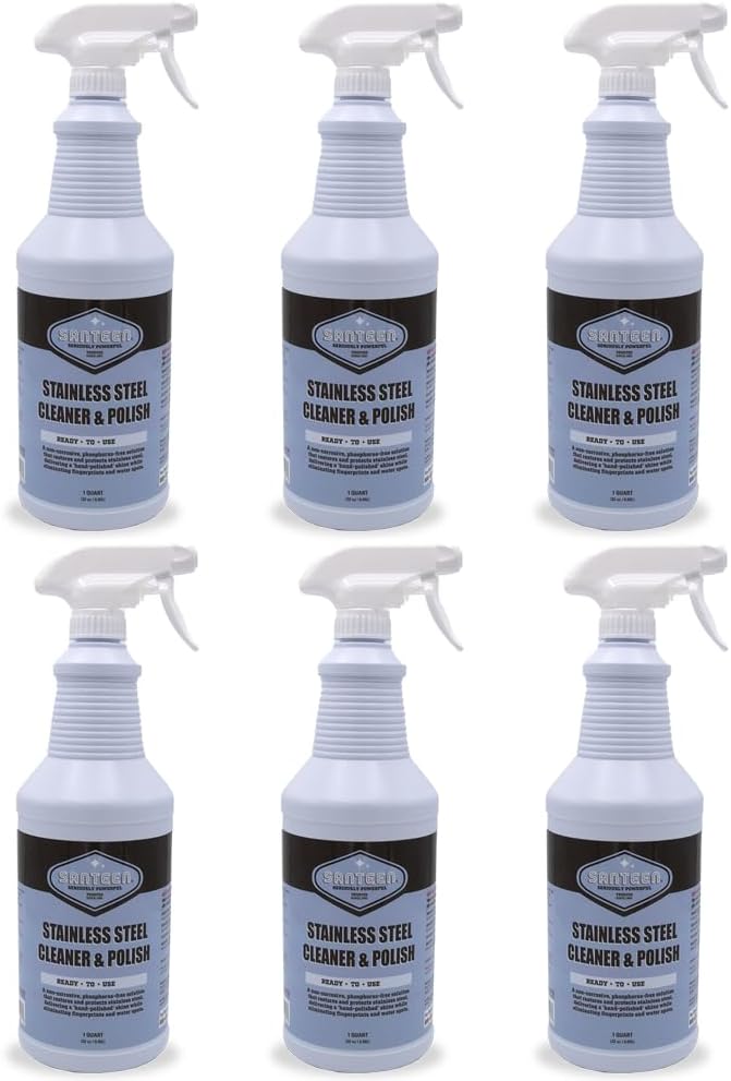 Santeen Stainless Steel Cleaner & Polish, 6-Pack, 32oz Bottle with Trigger Sprayer, Professional