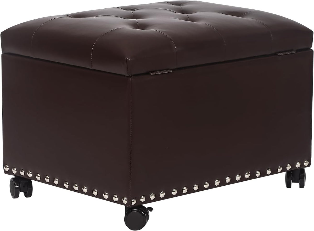 Leather Storage Ottoman Bench with Steerable Rolling Wheels, Rectangle 24 Inch Foot Rest Ottomans
