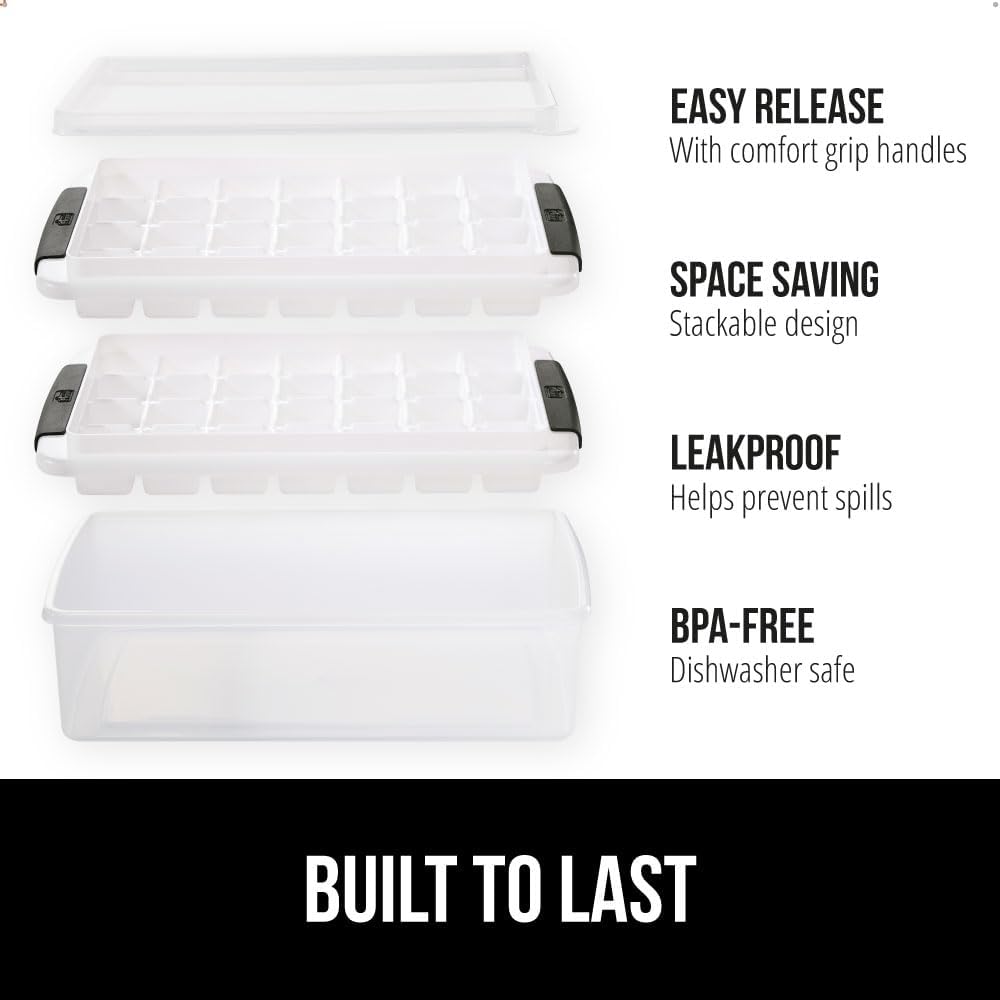 GORILLA GRIP Stackable Ice Cube Tray and Bucket Set for Freezer, Includes 2 Trays with Lid and