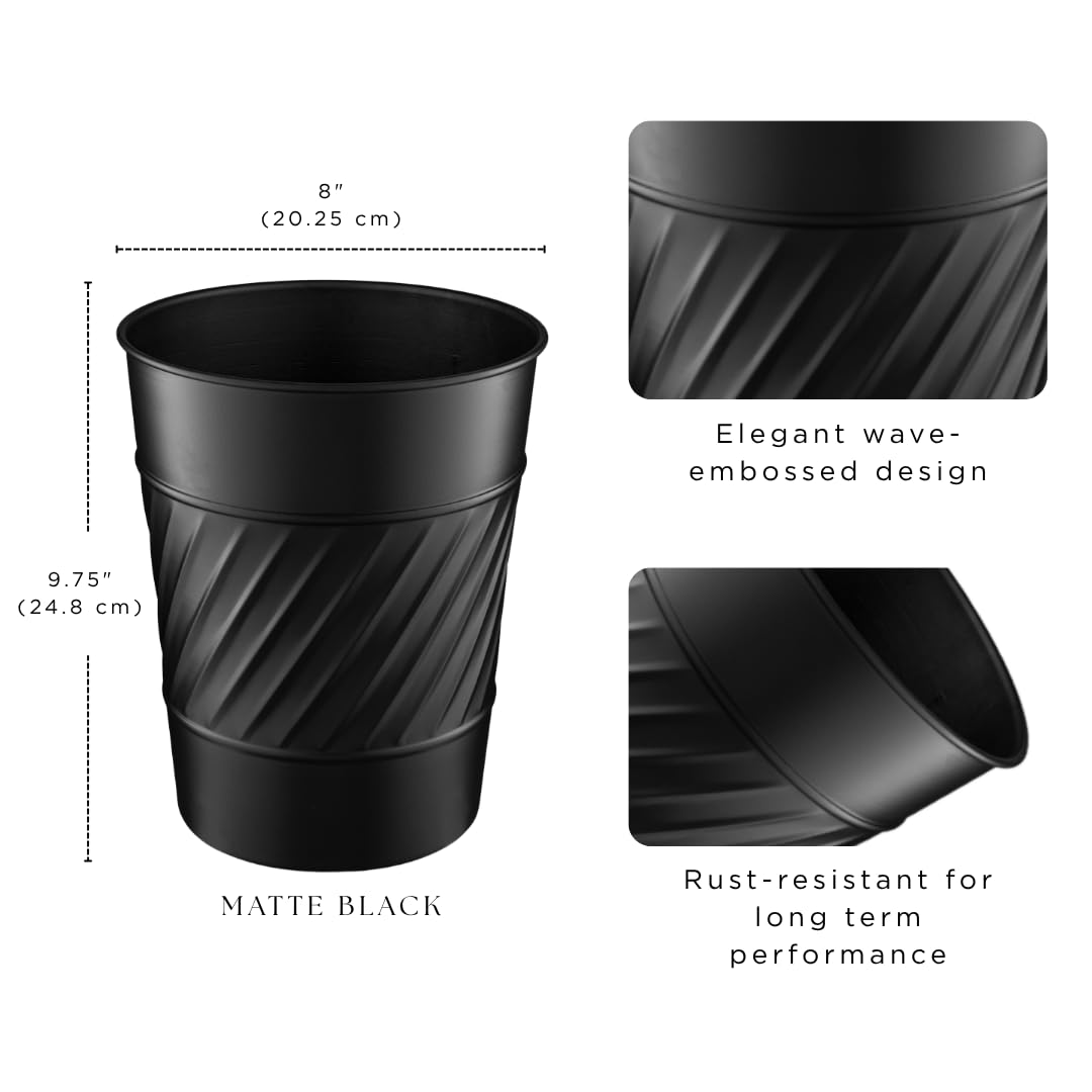 Monarch Abode Black Handcrafted Wave Embossed Metal Wastebasket for Home Office Bedroom, Decorative