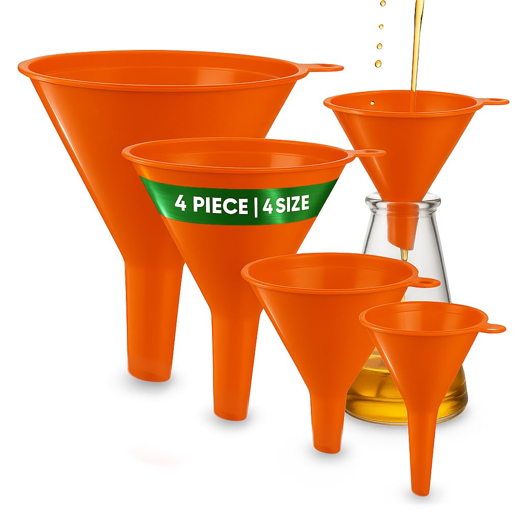 Oil Funnel Set (Orange, 4-Pack) – Plastic Funnels for Automotive Use – Funnels for Kitchen Use