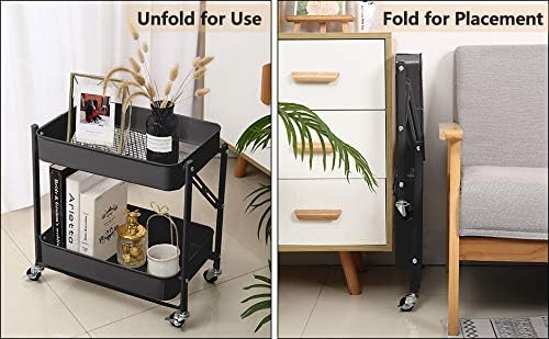 2-Tier Metal Folding Rolling Cart, Mobile Utility Cart Trolley Storage Organizer for Office Home