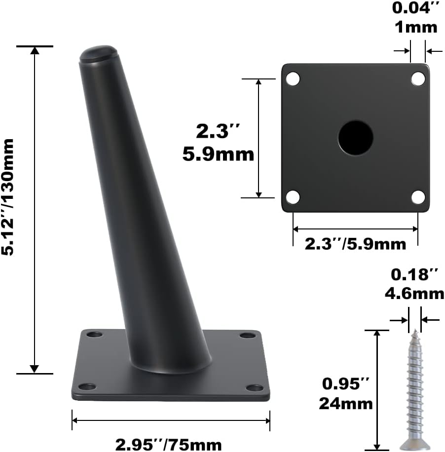 4PCS 5 Inch Matte Black Tapered Angled Legs for Furniture, Metal Mid Century Mordern Feet, Heavy