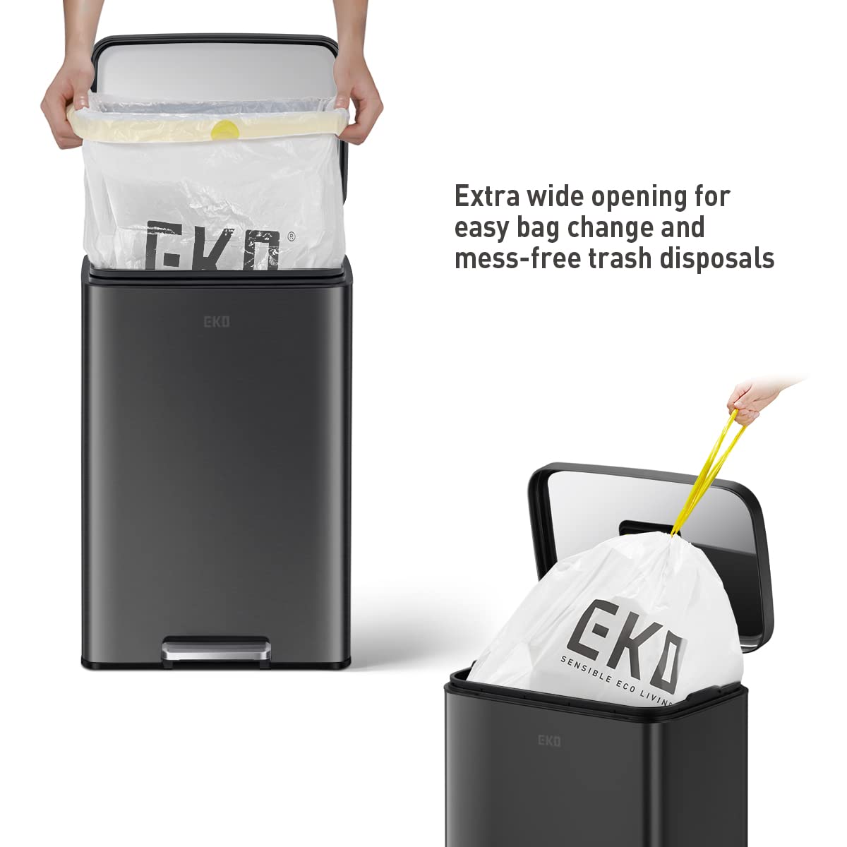 EKO Madison Matte Black 50 Liter/13.2 Gallon Step Trash Can with Inner Liner - Fingerprint