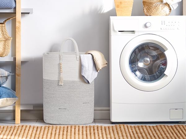 Woven Laundry Basket for Clothes, 50 L Large Rectangle Laundry Hampers with Beads Tassel, Nursery
