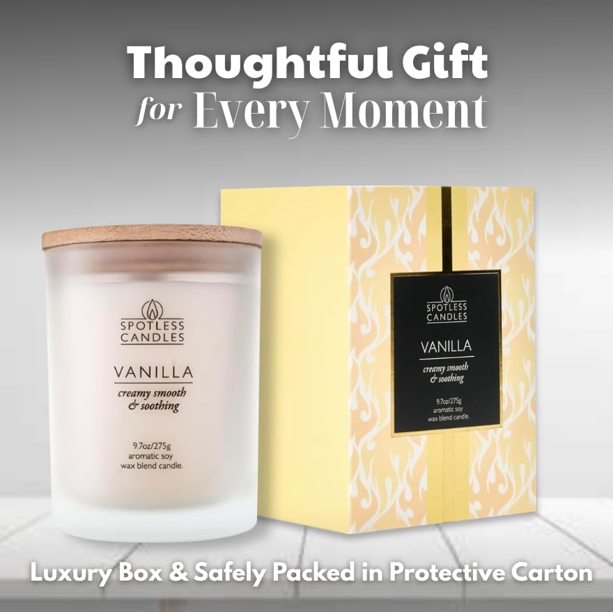Vanilla Candle - 9.7 oz /275g Vanilla Scented Candle in Cream Frosted Glass Jar with Wooden Lid and