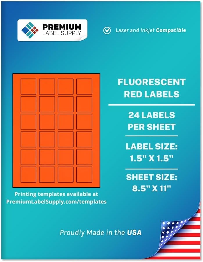 Premium Label Supply Bright Neon Color Fluorescent Sticker Labels - 1.5" x 1.5" Square Labels