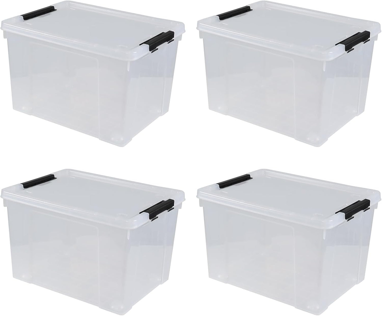 50 L Large Plastic Storage Bins with Latching Lids and Wheels, 4-Pack Clear Stackable Boxes for
