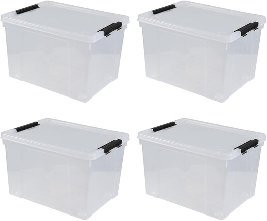 50 L Large Plastic Storage Bins with Latching Lids and Wheels, 4-Pack Clear Stackable Boxes for