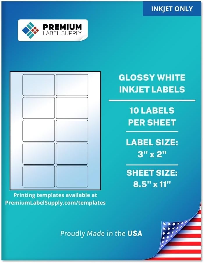 Premium Label Supply Glossy White Sticker Labels – 3" x 2" – (10 per Sheet) (Glossy White for