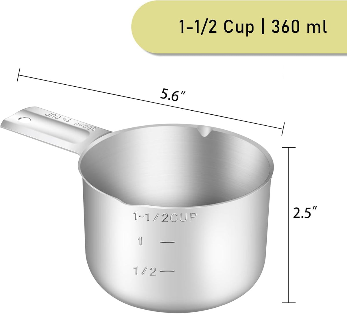 2PCS 1-1/2Cup (360ml, 12oz) Single Measuring Cup, Stainless Steel Measure Scoop, Metric and US