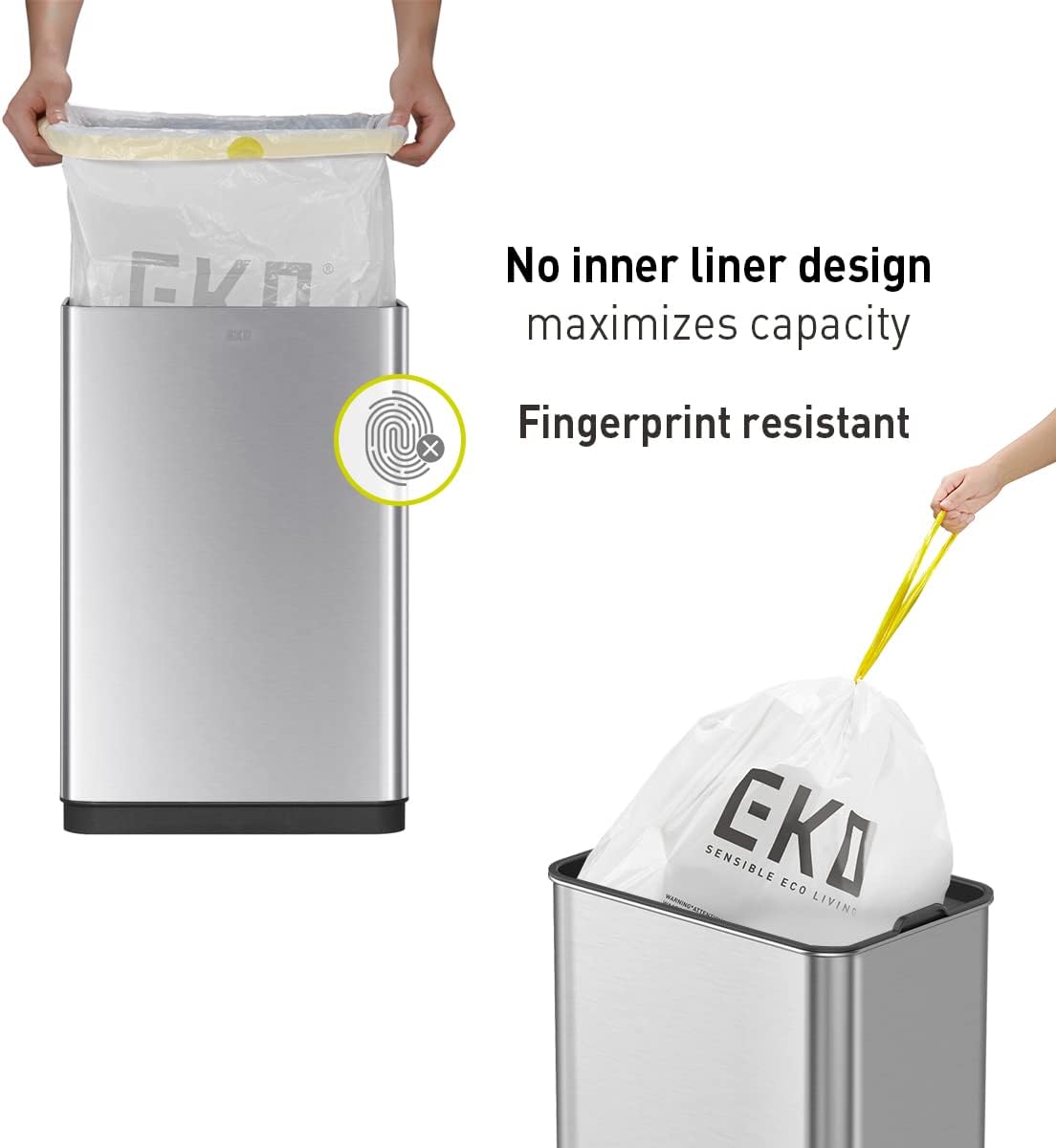 EKO Mirage-T 50 Liter / 13.2 Gallon Touchless Rectangular Motion Sensor Trash Can, Brushed