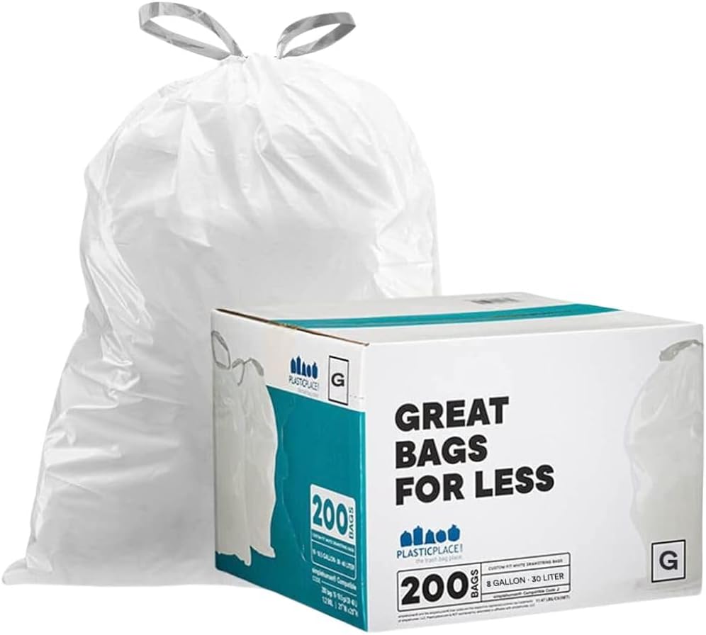 Plasticplace Custom Fit Trash Bags, Compatible with simplehuman Code G (200 Count) White Drawstring