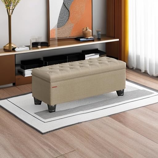 SONGMICS Storage Ottoman, Storage Bench, Tufted Entryway Bedroom Bench, 17.7 x 46.5 x 17.7 Inches