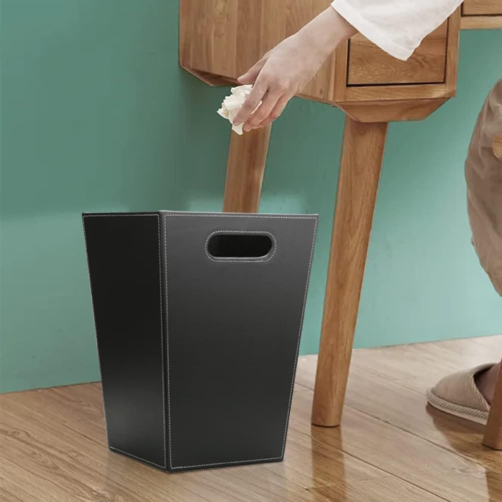 KINGFOM Classic Pu Leather Trash Can Wastebasket, Garbage Container Bin with Handles for Bathrooms