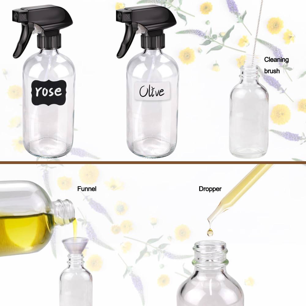 Glass Spray Bottle Kit×10 (2×16 oz, 2×4 oz, 6×2 oz), 9×10 ml Roller Bottles, Anti UV, Multi Size