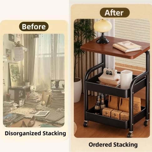 3 Tier Metal Rolling Utility Cart Organizer with Walnut Table Top, Stable and Sturdy Rolling
