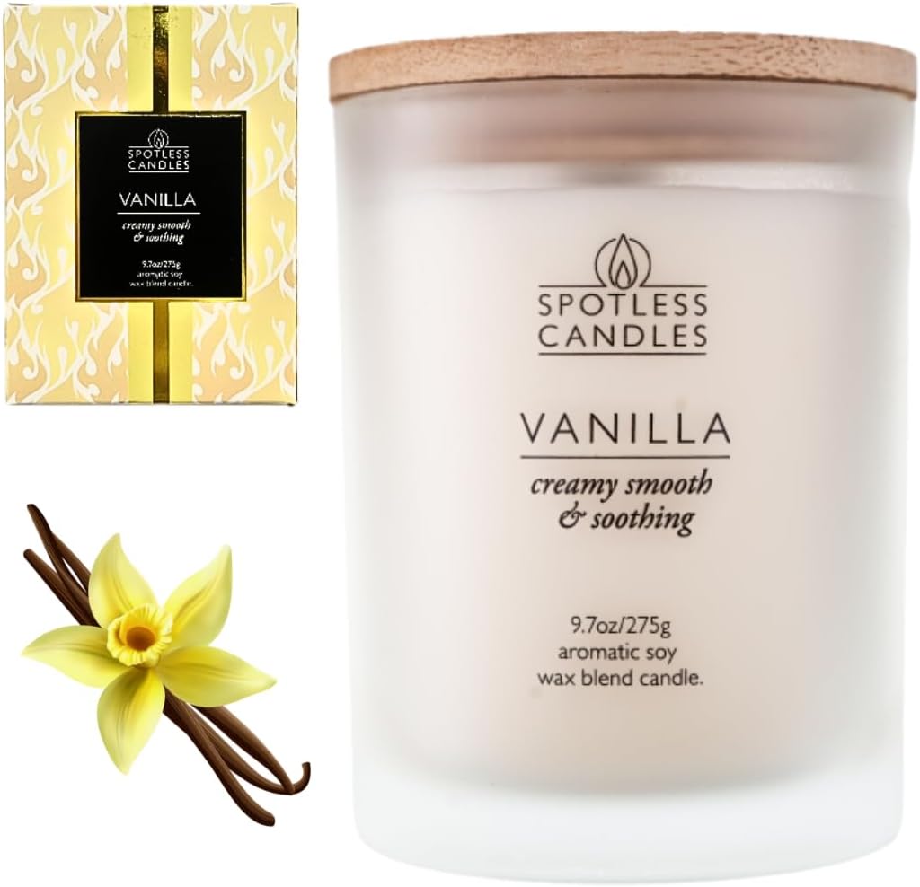 Vanilla Candle - 9.7 oz /275g Vanilla Scented Candle in Cream Frosted Glass Jar with Wooden Lid and