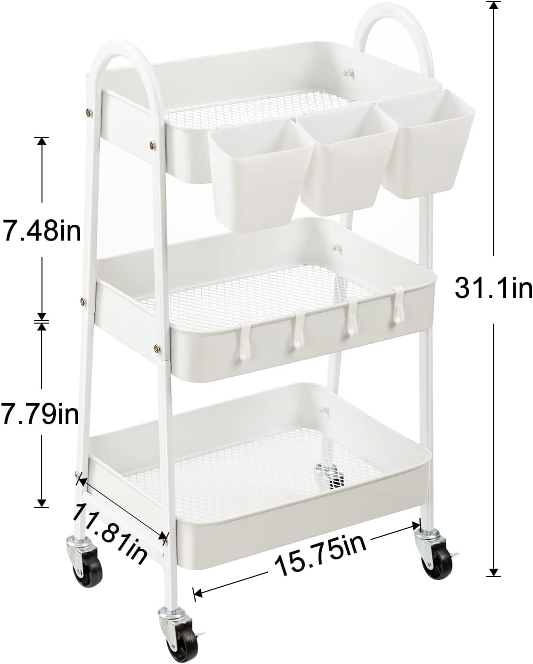 danpinera 3-Tier Rolling Cart, Metal Rolling Storage Cart with Lockable Wheels & Hanging Cups &