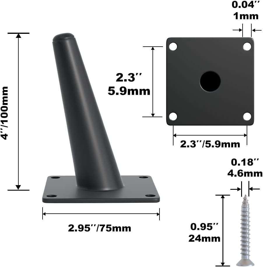 4PCS 4 Inch Matte Black Tapered Angled Legs for Furniture, Metal Mid Century Mordern Feet, Heavy
