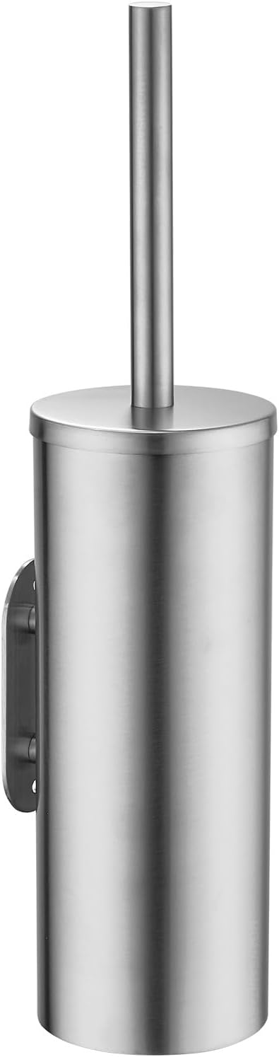 Brushed Stainless Steel Toilet Brush and Cover, No-Punch Hook Base Dual Purpose Toilet Brush Holder