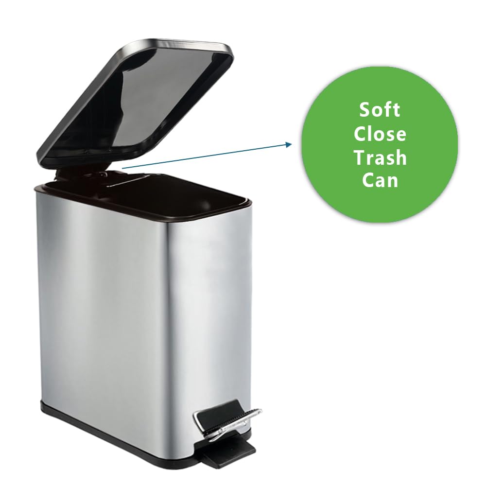 Stainless Steel Small Trash Can with Lid & Step Pedal - 6 Liters/1.6 Gallon Soft Close Garbage Can