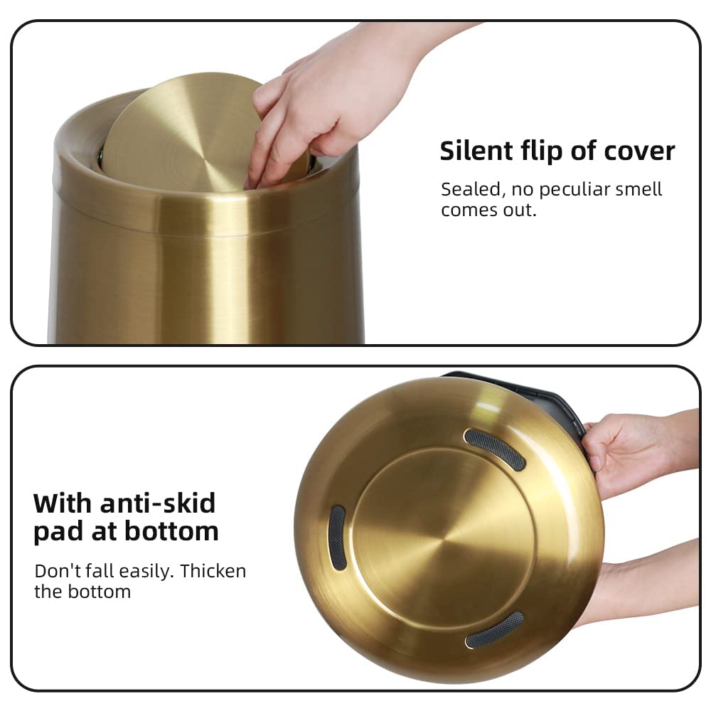 10 L/3 Gallen,Gold Small Trash Can for Bathroom,Brushed Stainless Steel Garbage Can with Flipping