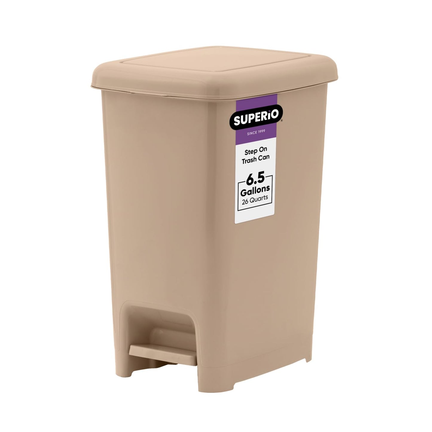Superio Slim Step On Trash Can, Beige Waste Bin with Foot Pedal Lid 26 Liter, Kitchen, Under Desk