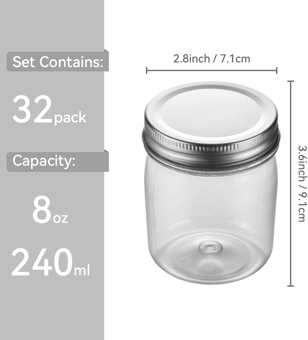Plastic Mason Jars Reusable Storage Containers with Silver Airtight Lid 8 Ounce Clear Jars for Dry