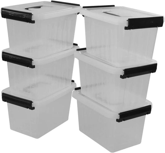 Bringer 3 Quart 6-Pack Clear Plastic Storage Boxes, Latch Box with Black Handle